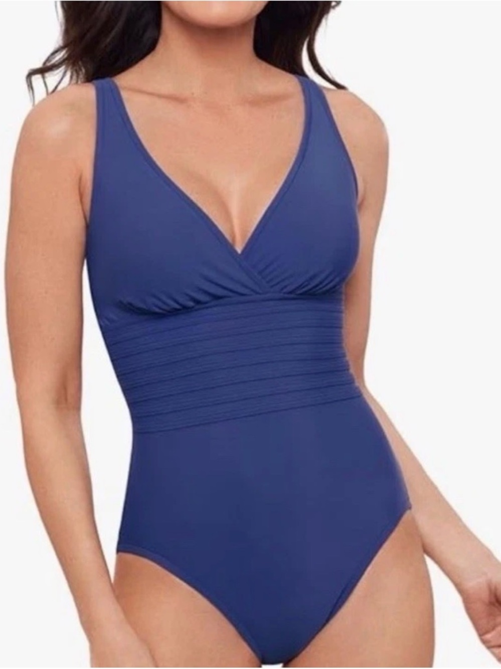 Size L Aqua Green V-Neck One-Piece Slimming Swimsuit in Navy Blue
